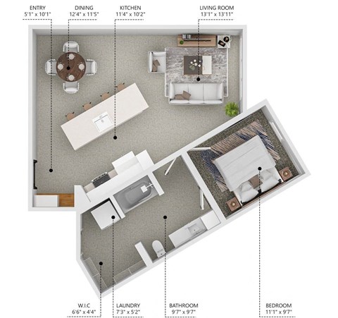 Floor plan for 1 bed, 1 bath, 778 sqft